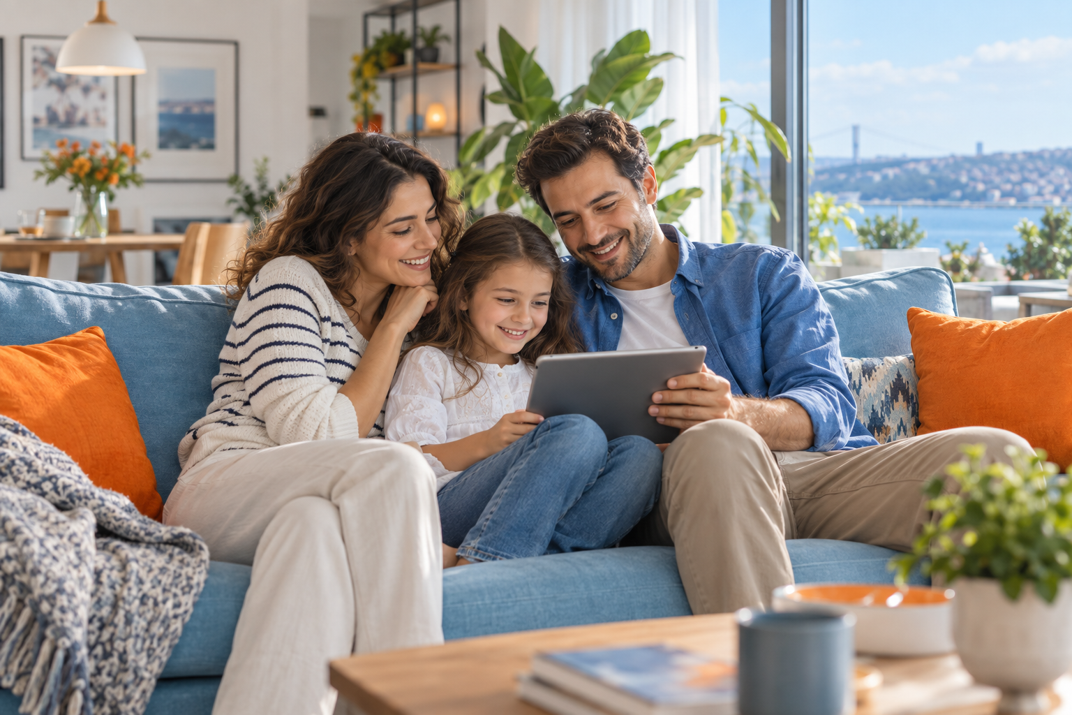 Aydınlık bir evde tablet üzerinden birlikte vakit geçiren aile
